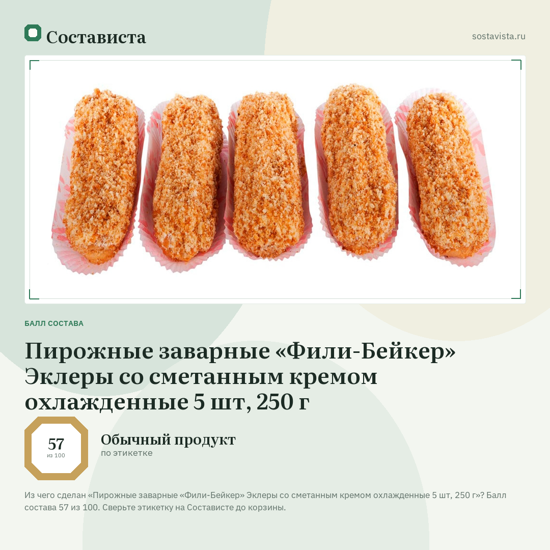 Пирожные заварные «Фили-Бейкер» Эклеры со сметанным кремом охлажденные 5 шт, 250 г: балл состава 57 из 100 — Состависта