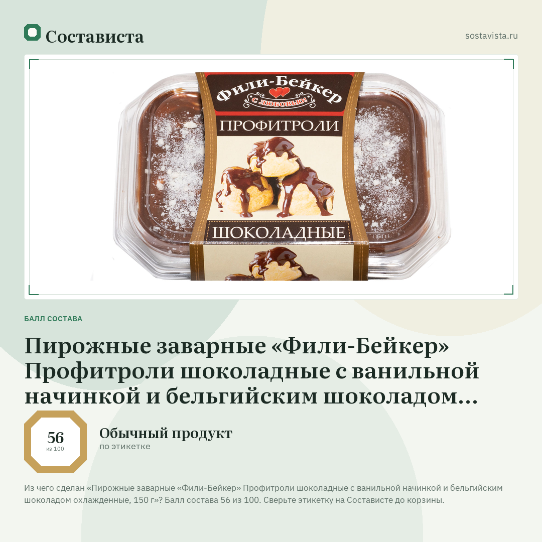 Пирожные заварные «Фили-Бейкер» Профитроли шоколадные с ванильной начинкой и бельгийским шоколадом охлажденные, 150 г: балл состава 56 из 100 — Состависта