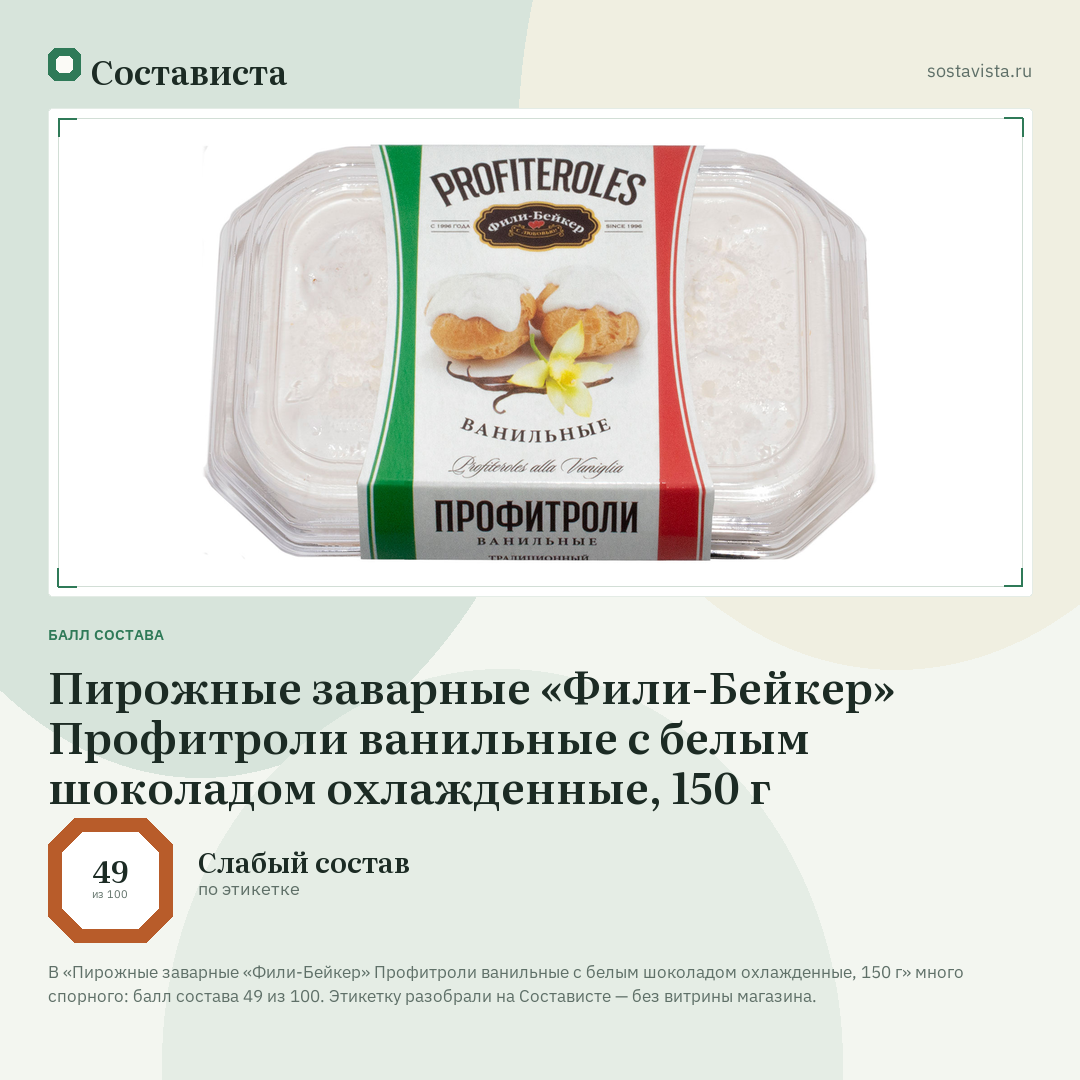 Пирожные заварные «Фили-Бейкер» Профитроли ванильные с белым шоколадом охлажденные, 150 г: балл состава 49 из 100 — Состависта