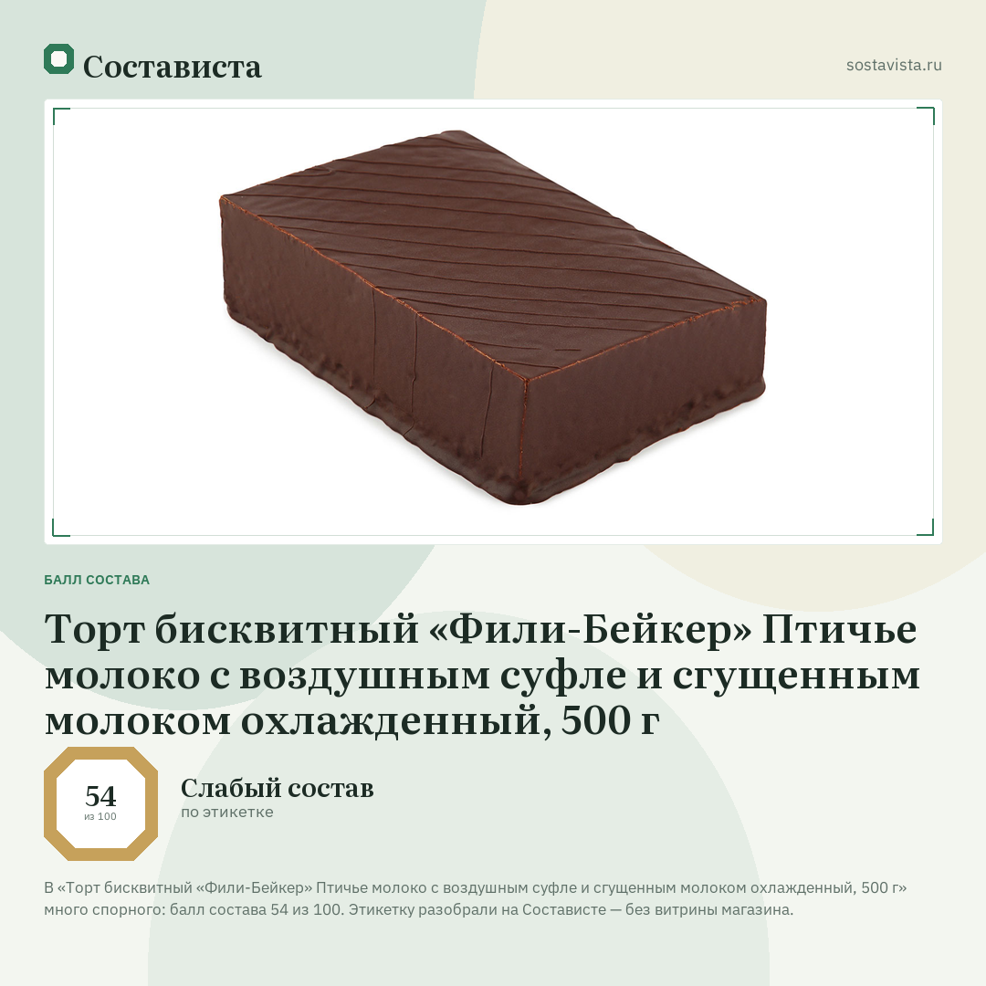 Торт бисквитный «Фили-Бейкер» Птичье молоко с воздушным суфле и сгущенным молоком охлажденный, 500 г: балл состава 54 из 100 — Состависта