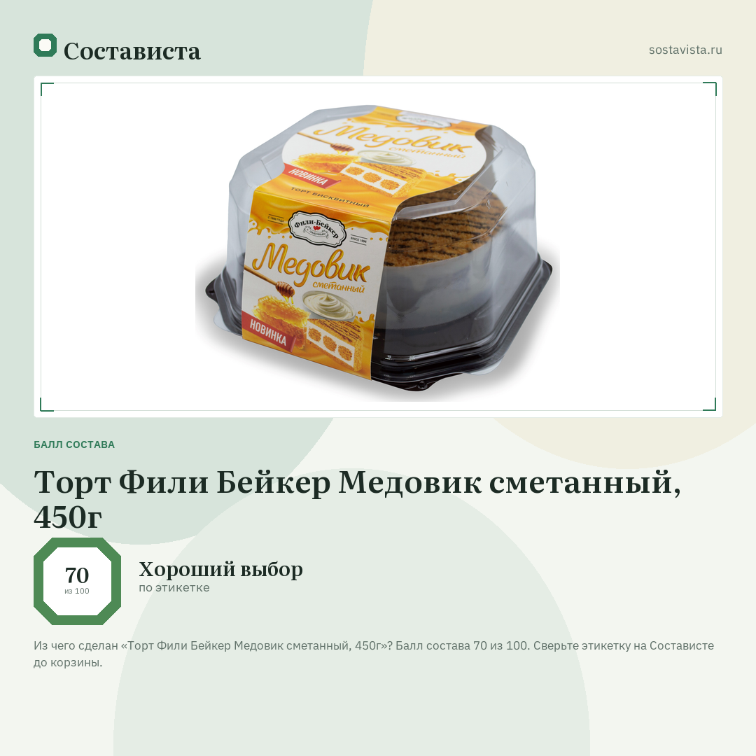 Торт Фили Бейкер Медовик сметанный, 450г: балл состава 70 из 100 — Состависта