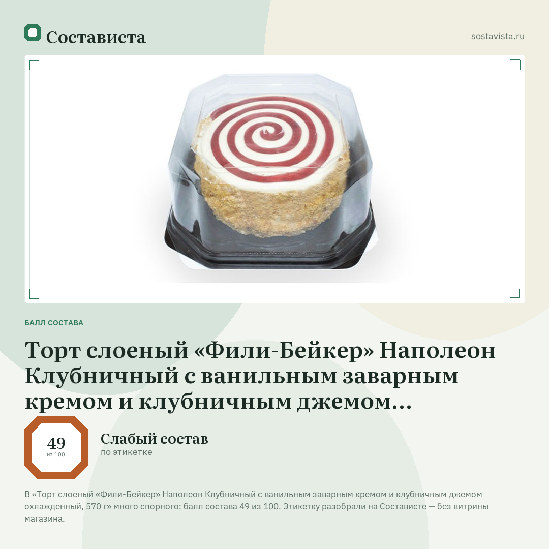 Торт слоеный «Фили-Бейкер» Наполеон Клубничный с ванильным заварным кремом и клубничным джемом охлажденный, 570 г: балл состава 49 из 100 — Состависта