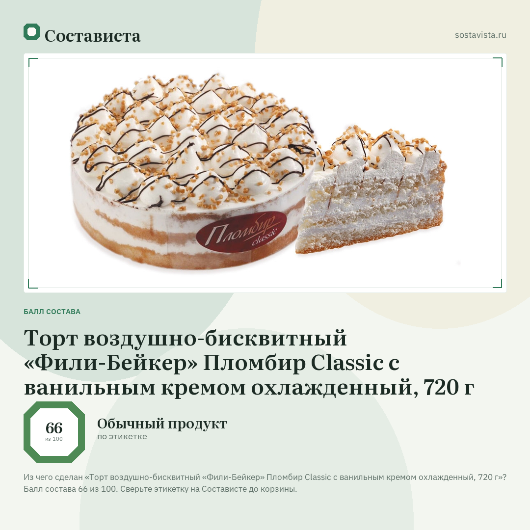 Торт воздушно-бисквитный «Фили-Бейкер» Пломбир Classic с ванильным кремом охлажденный, 720 г: балл состава 66 из 100 — Состависта