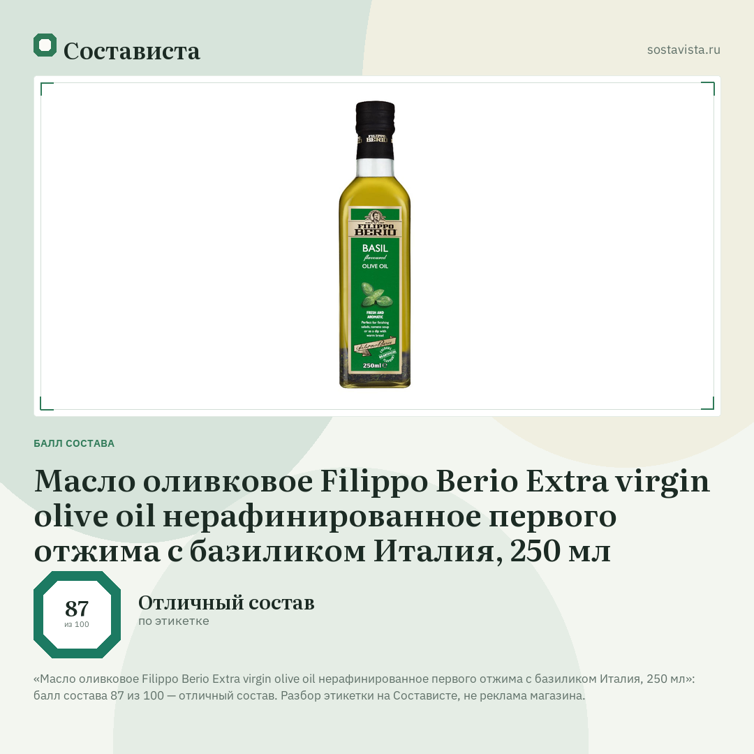 Масло оливковое Filippo Berio Extra virgin olive oil нерафинированное первого отжима c базиликом Италия, 250 мл: балл состава 87 из 100 — Состависта