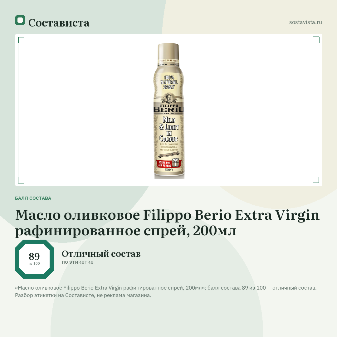 Масло оливковое Filippo Berio Extra Virgin рафинированное спрей, 200мл: балл состава 89 из 100 — Состависта