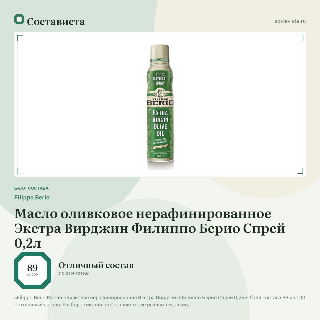 Filippo Berio Масло оливковое нерафинированное Экстра Вирджин Филиппо Берио Спрей 0,2л: балл состава 89 из 100 — Состависта