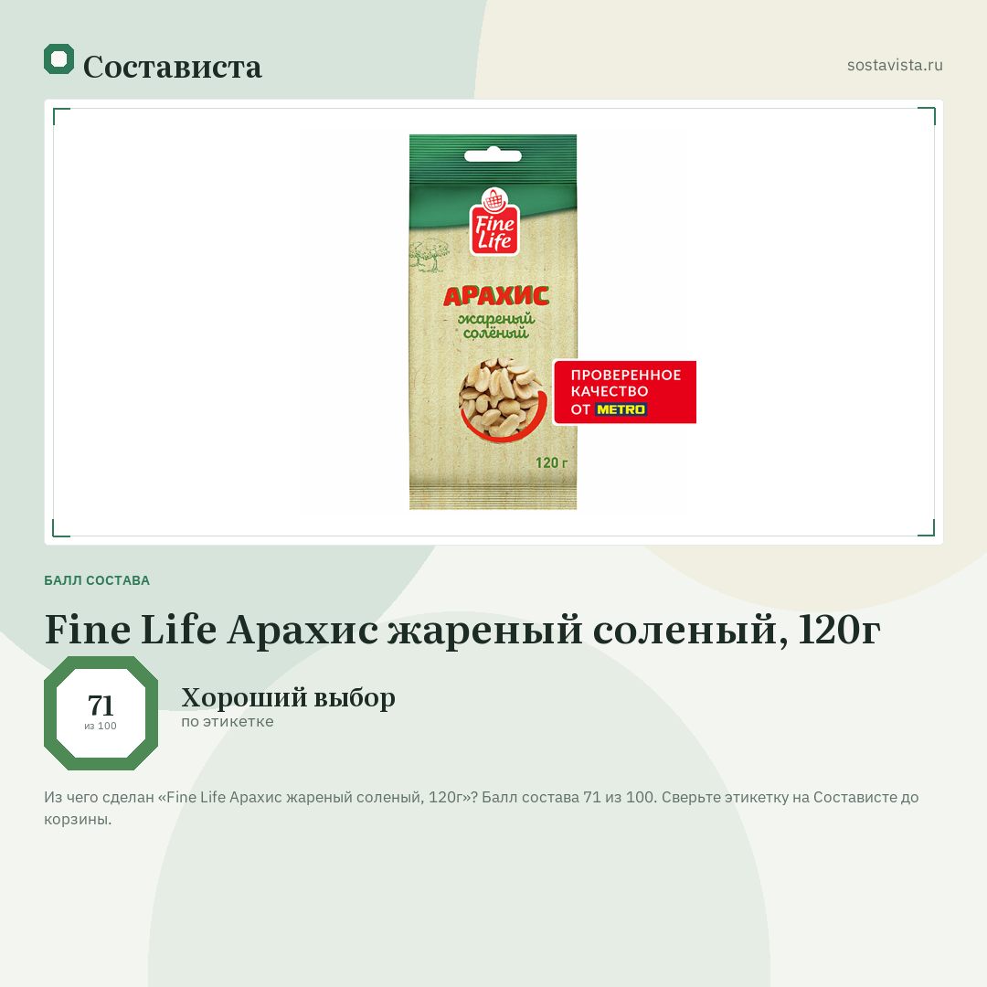 Fine Life Арахис жареный соленый, 120г: балл состава 71 из 100 — Состависта