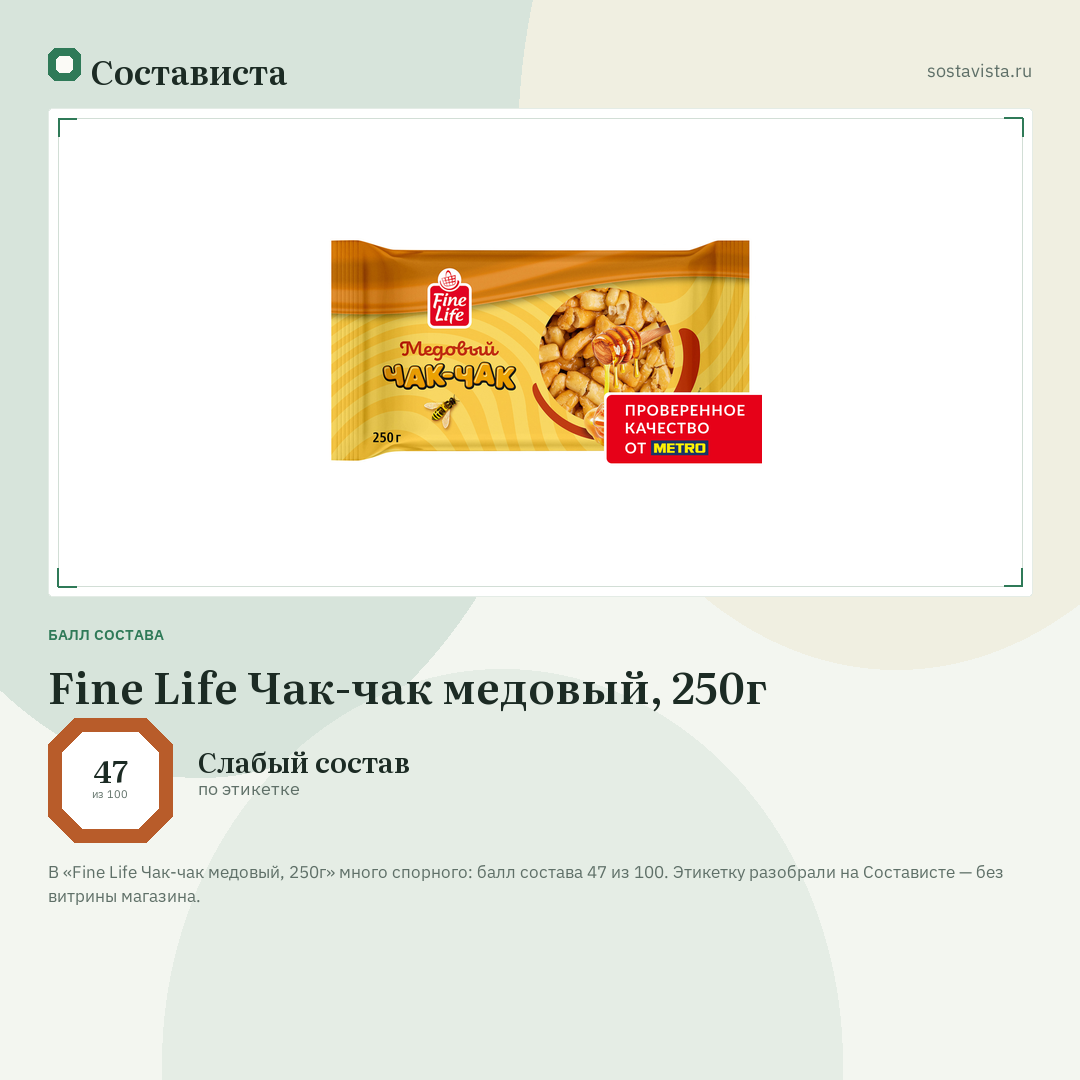 Fine Life Чак-чак медовый, 250г: балл состава 47 из 100 — Состависта
