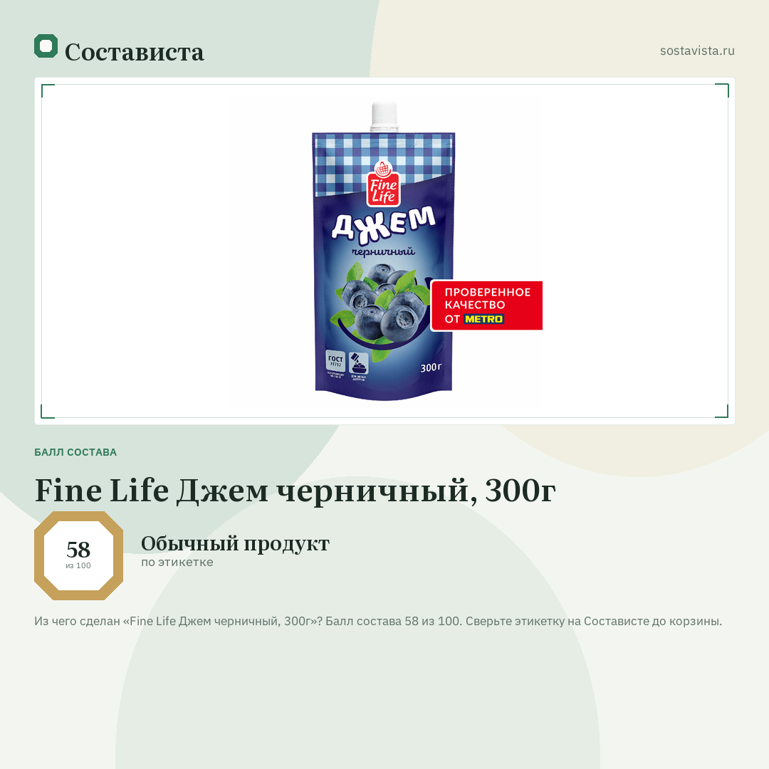 Fine Life Джем черничный, 300г: балл состава 58 из 100 — Состависта