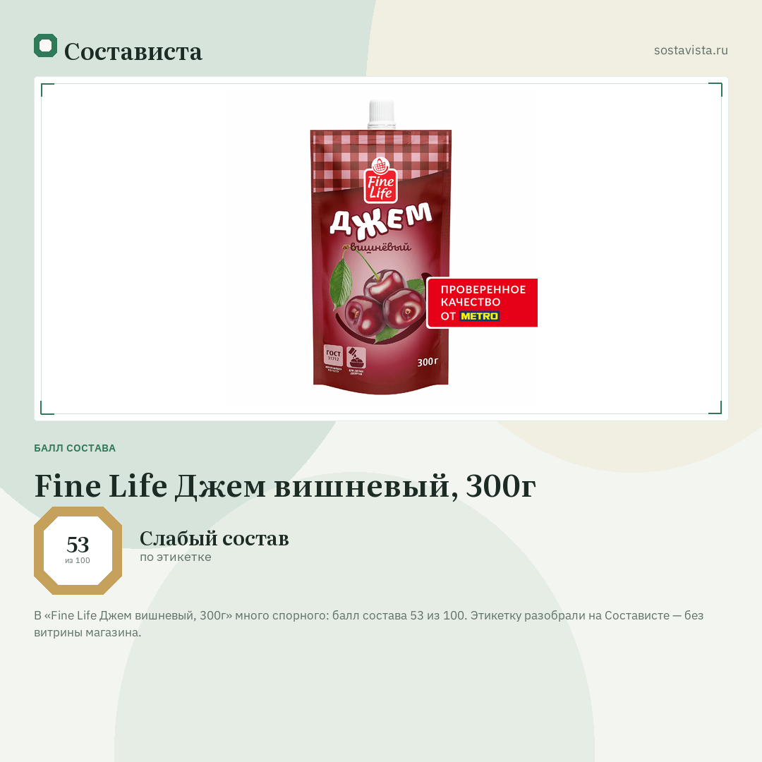 Fine Life Джем вишневый, 300г: балл состава 53 из 100 — Состависта