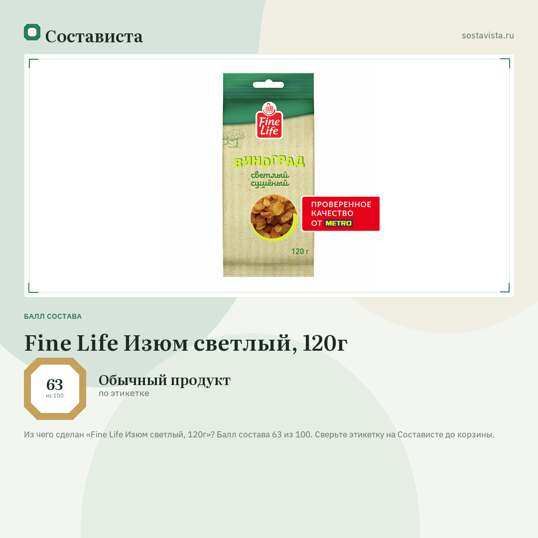 Fine Life Изюм светлый, 120г: балл состава 63 из 100 — Состависта
