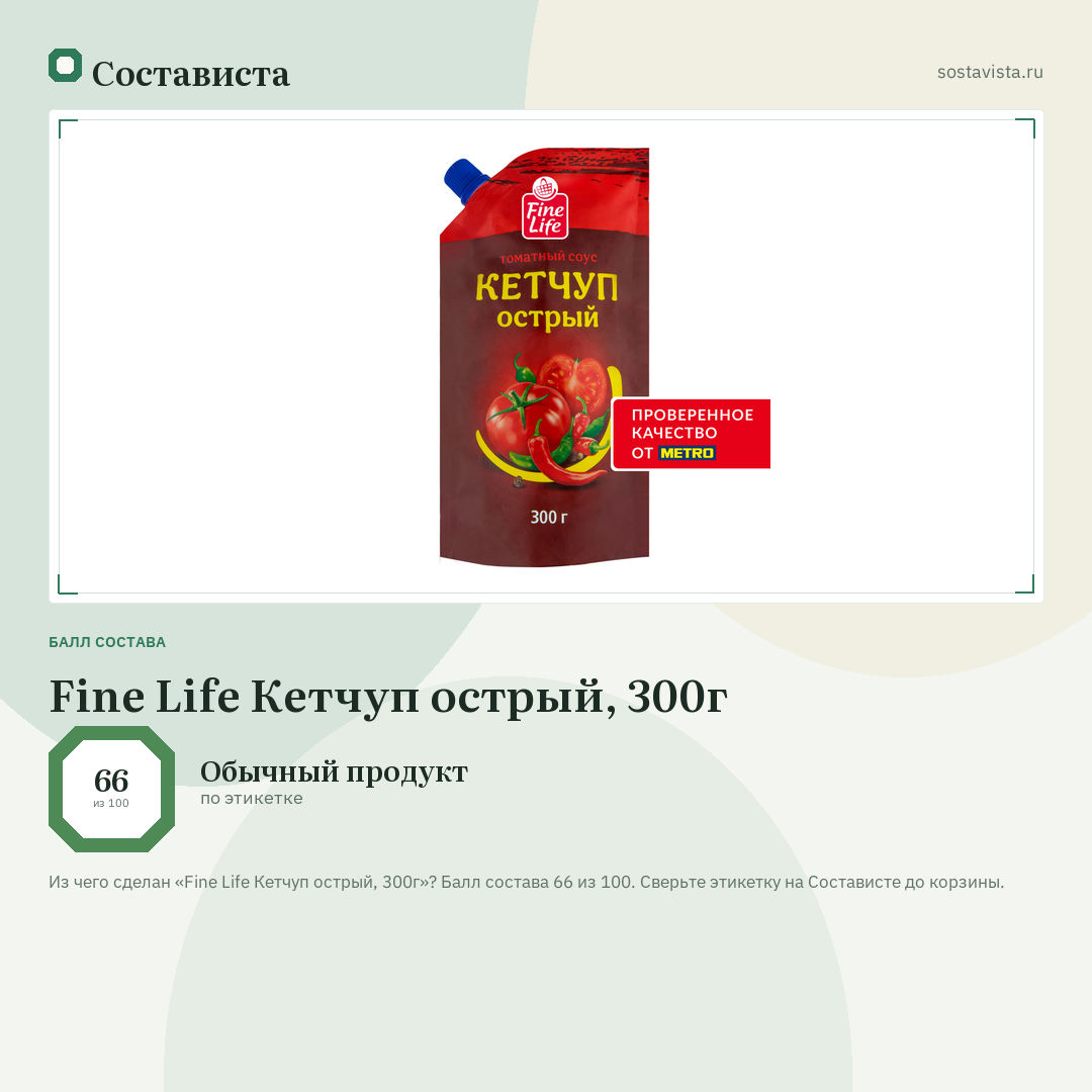 Fine Life Кетчуп острый, 300г: балл состава 66 из 100 — Состависта