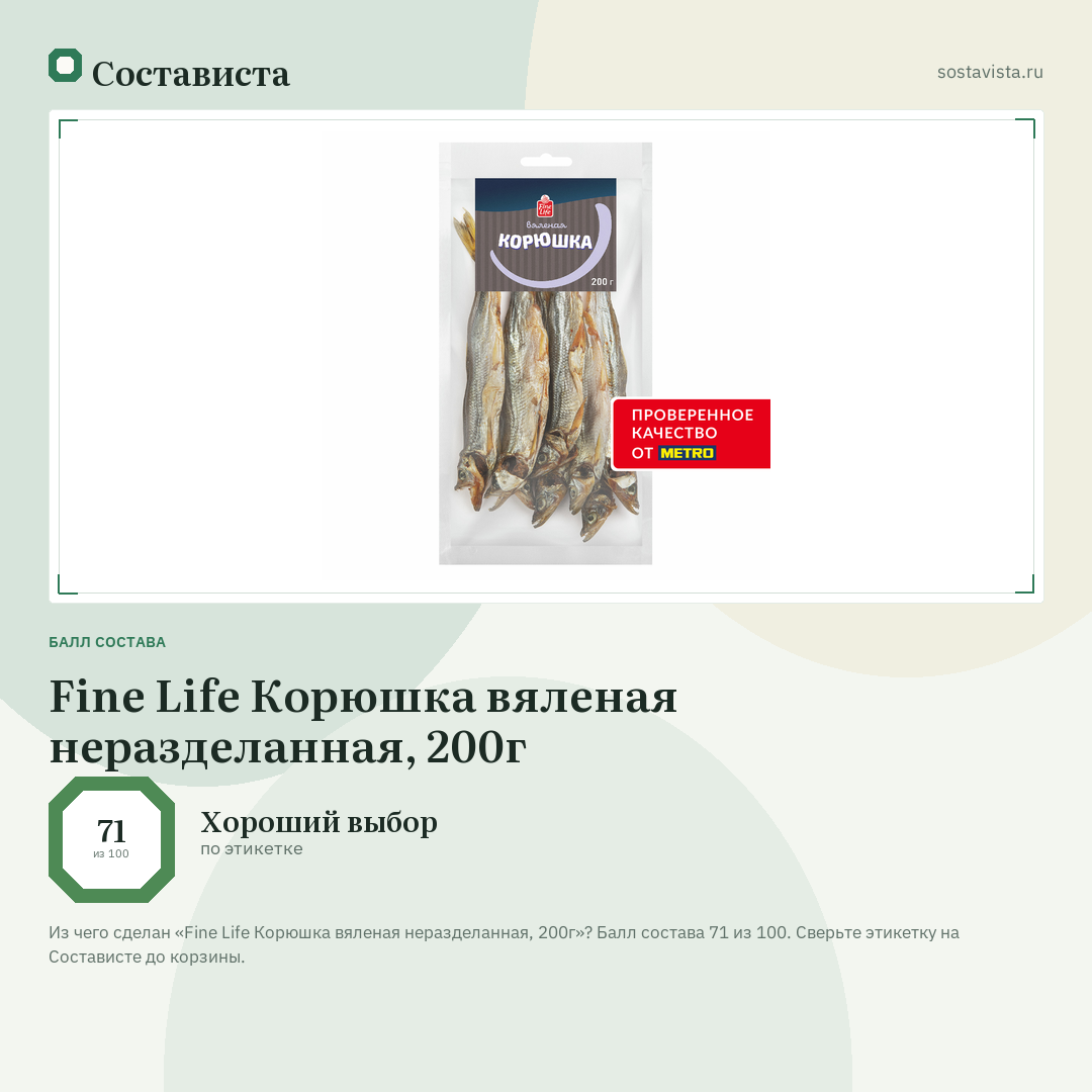 Fine Life Корюшка вяленая неразделанная, 200г: балл состава 71 из 100 — Состависта