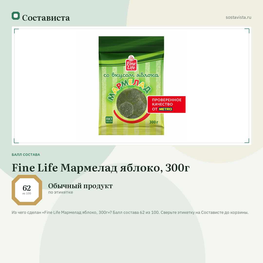 Fine Life Мармелад яблоко, 300г: балл состава 62 из 100 — Состависта