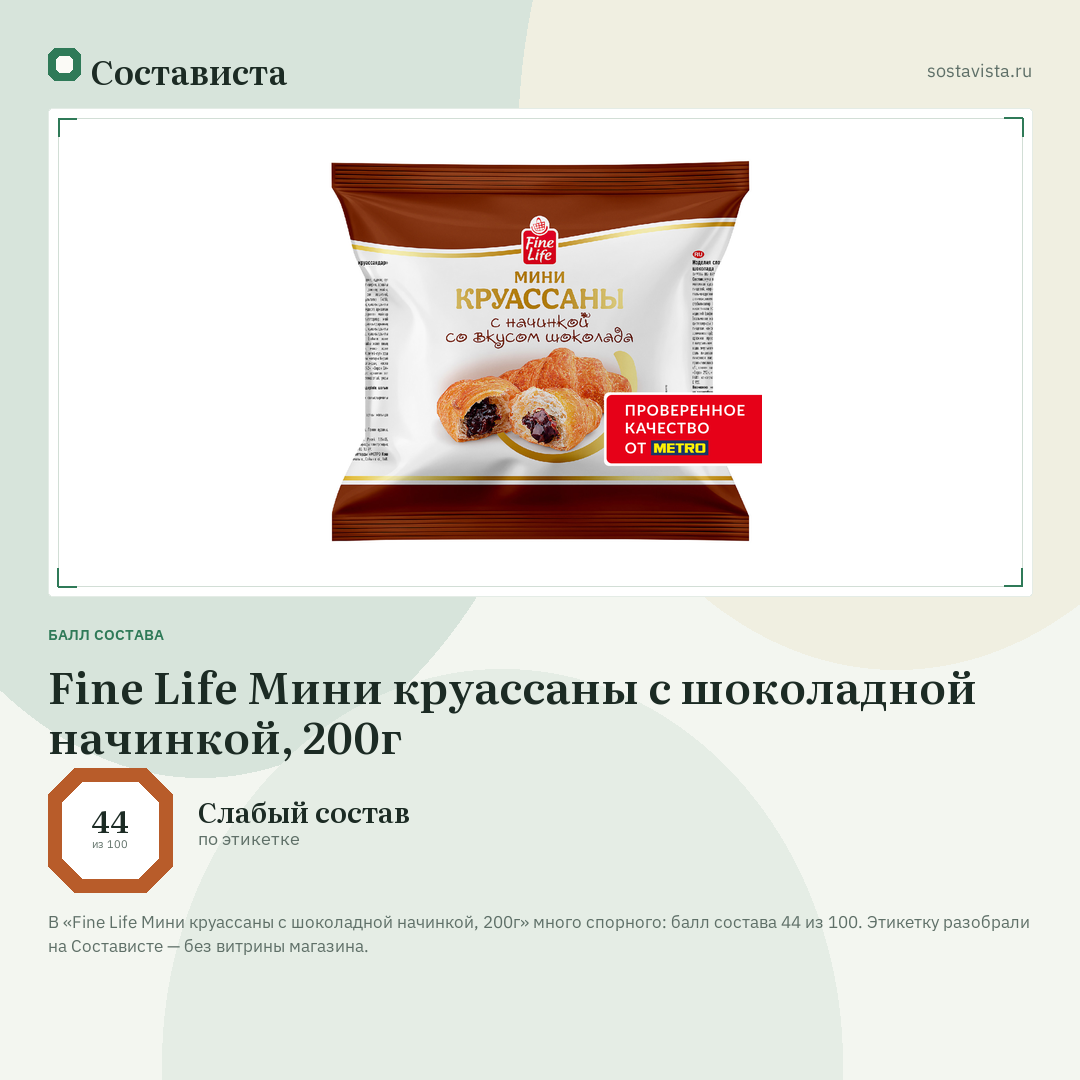 Fine Life Мини круассаны с шоколадной начинкой, 200г: балл состава 44 из 100 — Состависта