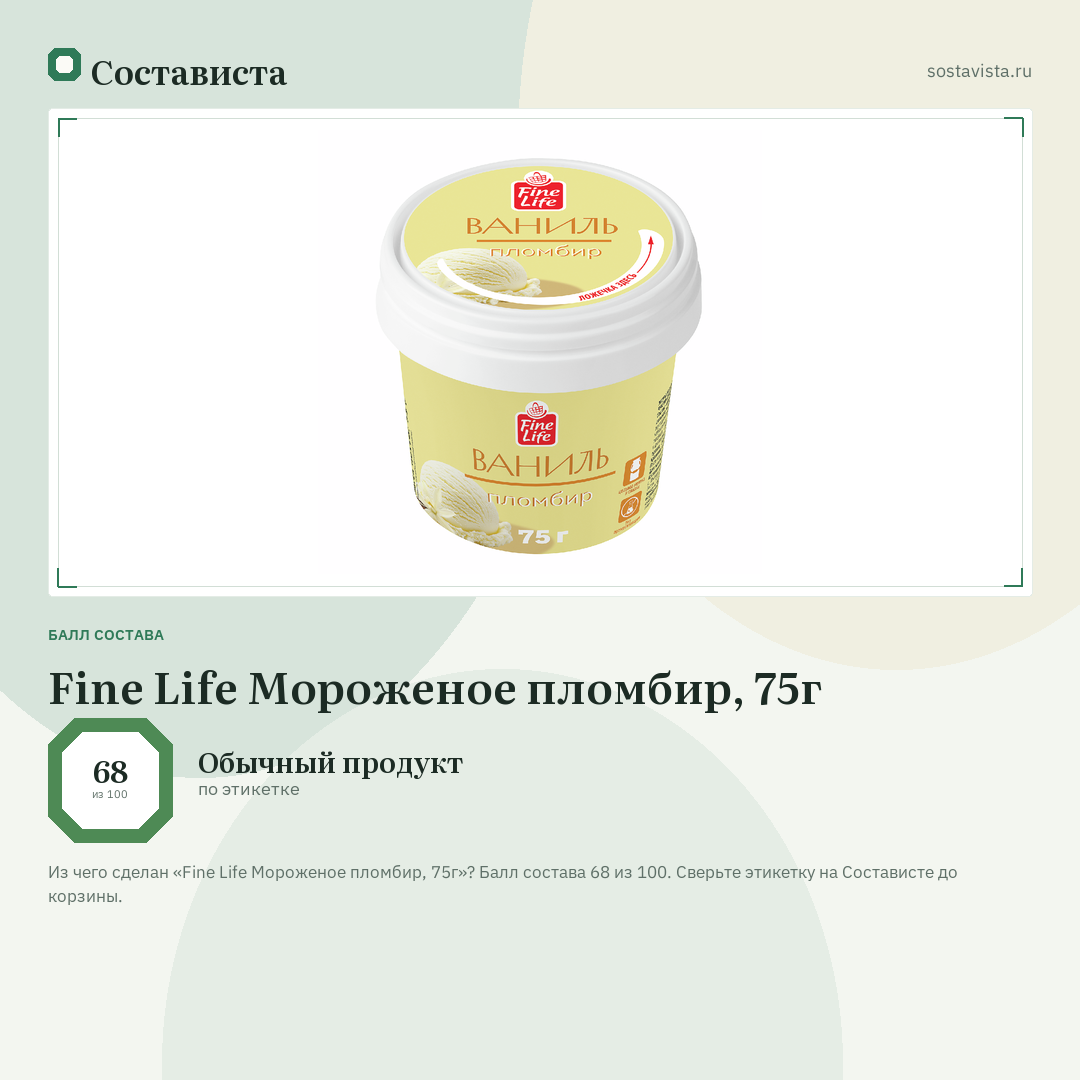 Fine Life Мороженое пломбир, 75г: балл состава 68 из 100 — Состависта