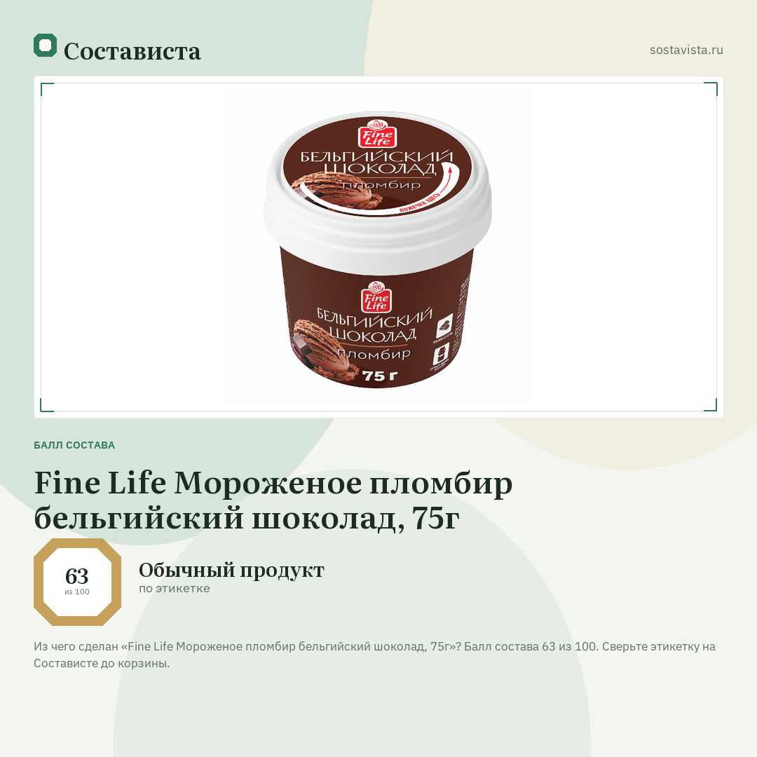 Fine Life Мороженое пломбир бельгийский шоколад, 75г: балл состава 63 из 100 — Состависта