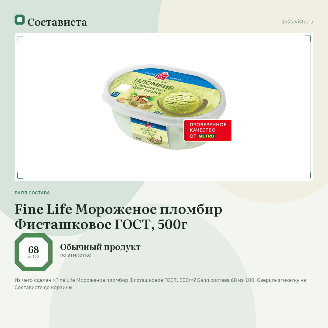 Fine Life Мороженое пломбир Фисташковое ГОСТ, 500г: балл состава 68 из 100 — Состависта