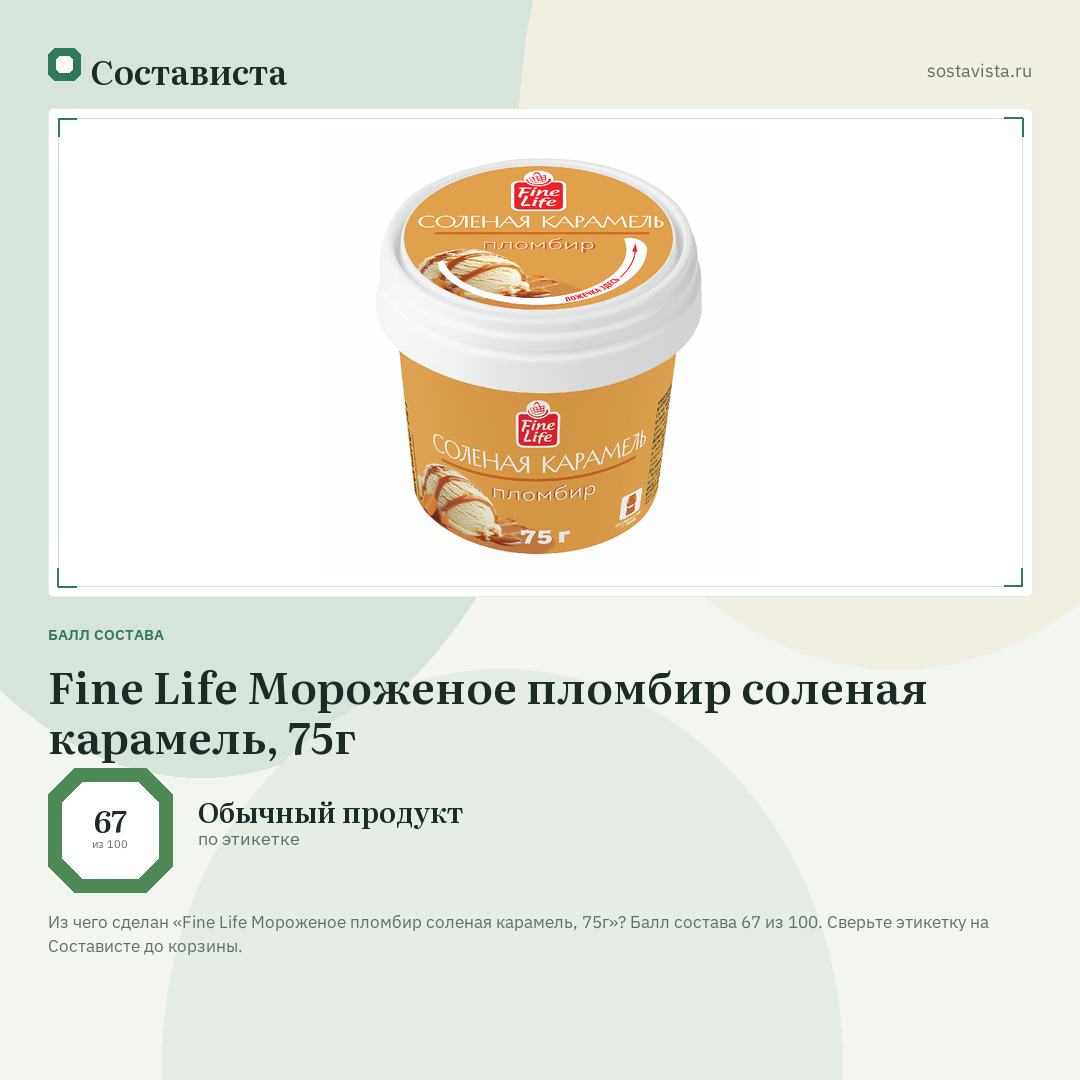 Fine Life Мороженое пломбир соленая карамель, 75г: балл состава 67 из 100 — Состависта