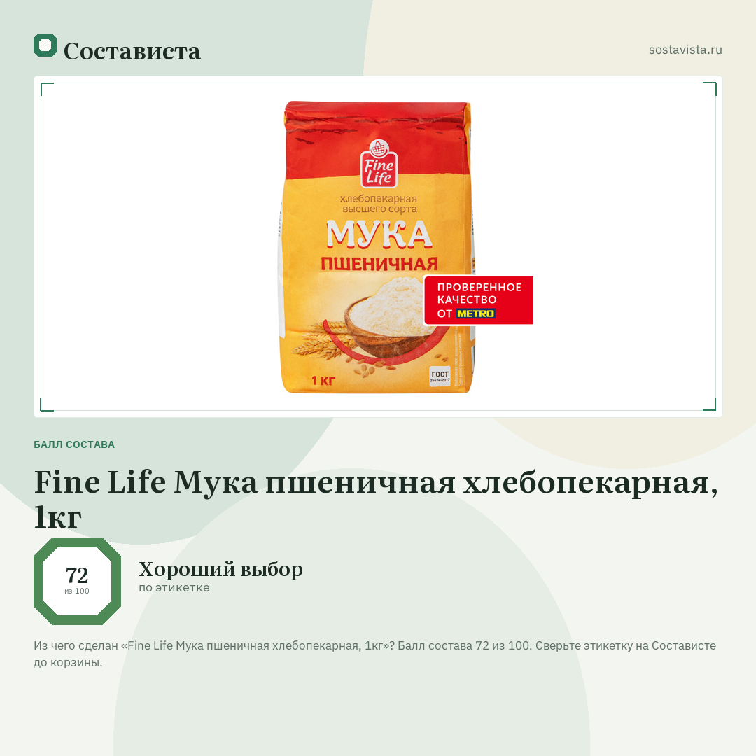 Fine Life Мука пшеничная хлебопекарная, 1кг: балл состава 72 из 100 — Состависта