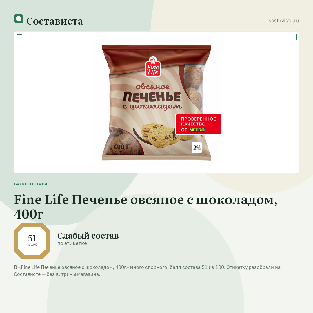 Fine Life Печенье овсяное с шоколадом, 400г: балл состава 51 из 100 — Состависта