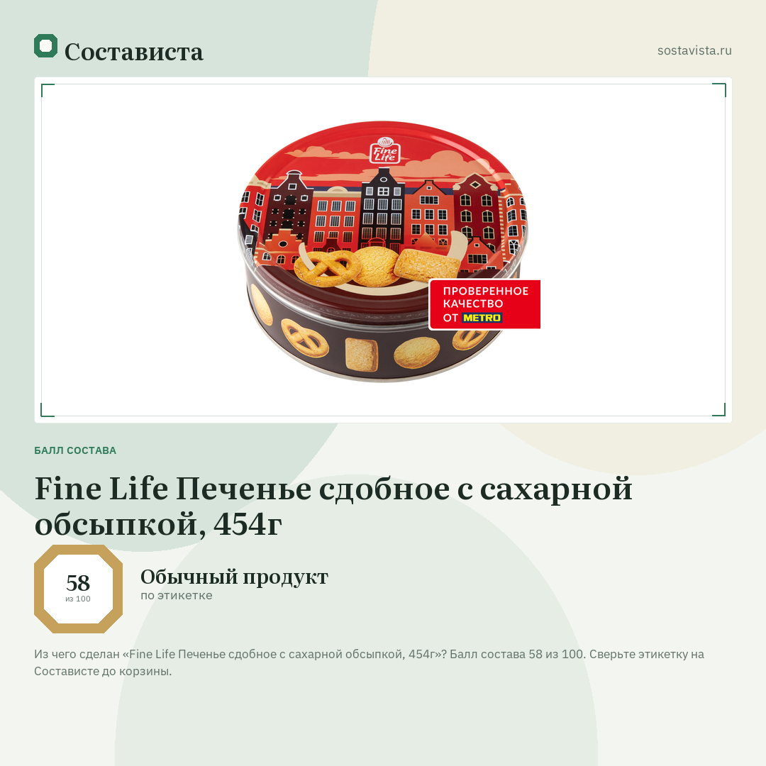 Fine Life Печенье сдобное с сахарной обсыпкой, 454г: балл состава 58 из 100 — Состависта
