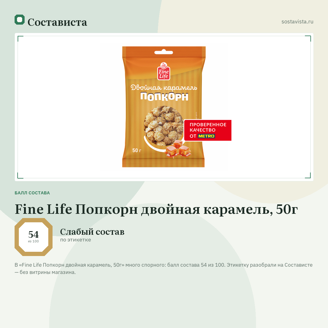Fine Life Попкорн двойная карамель, 50г: балл состава 54 из 100 — Состависта