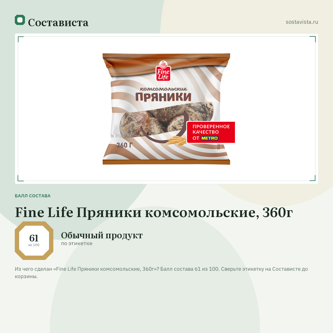 Fine Life Пряники комсомольские, 360г: балл состава 61 из 100 — Состависта
