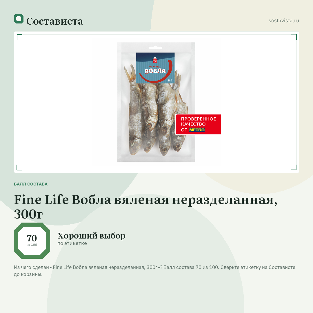 Fine Life Вобла вяленая неразделанная, 300г: балл состава 70 из 100 — Состависта