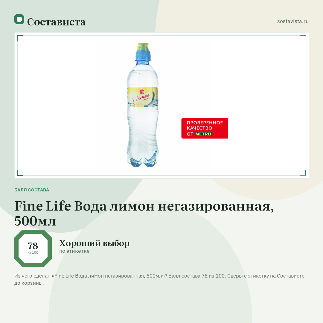 Fine Life Вода лимон негазированная, 500мл: балл состава 78 из 100 — Состависта