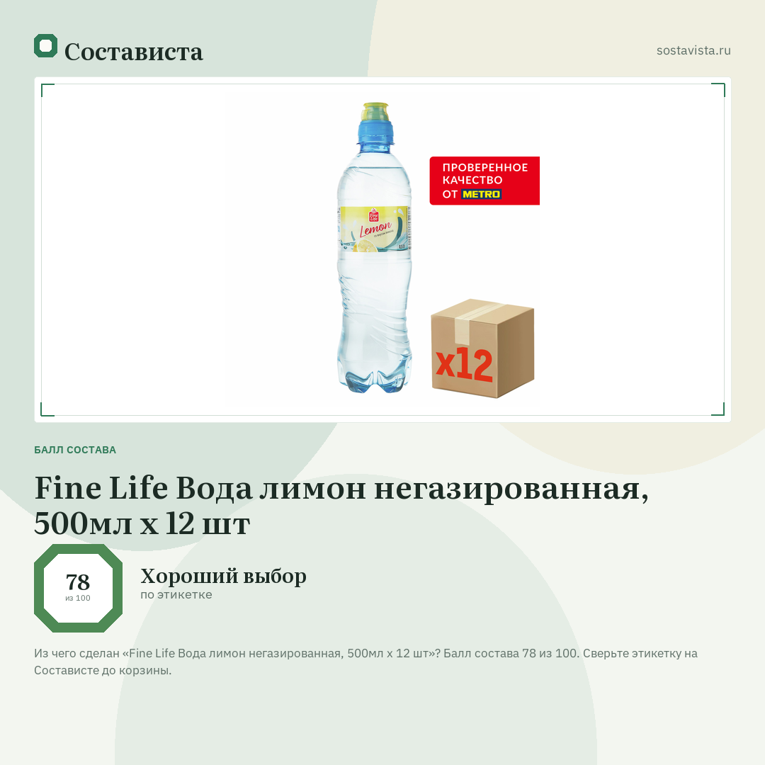 Fine Life Вода лимон негазированная, 500мл x 12 шт: балл состава 78 из 100 — Состависта