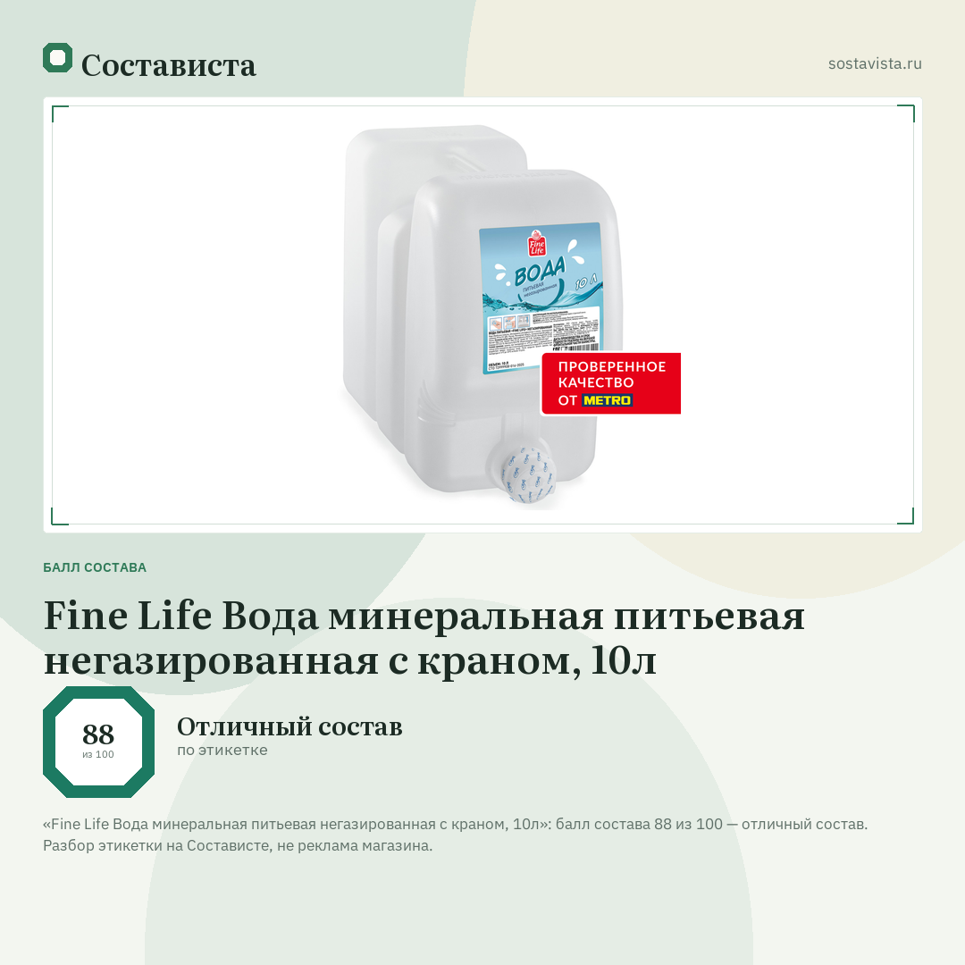 Fine Life Вода минеральная питьевая негазированная с краном, 10л: балл состава 88 из 100 — Состависта