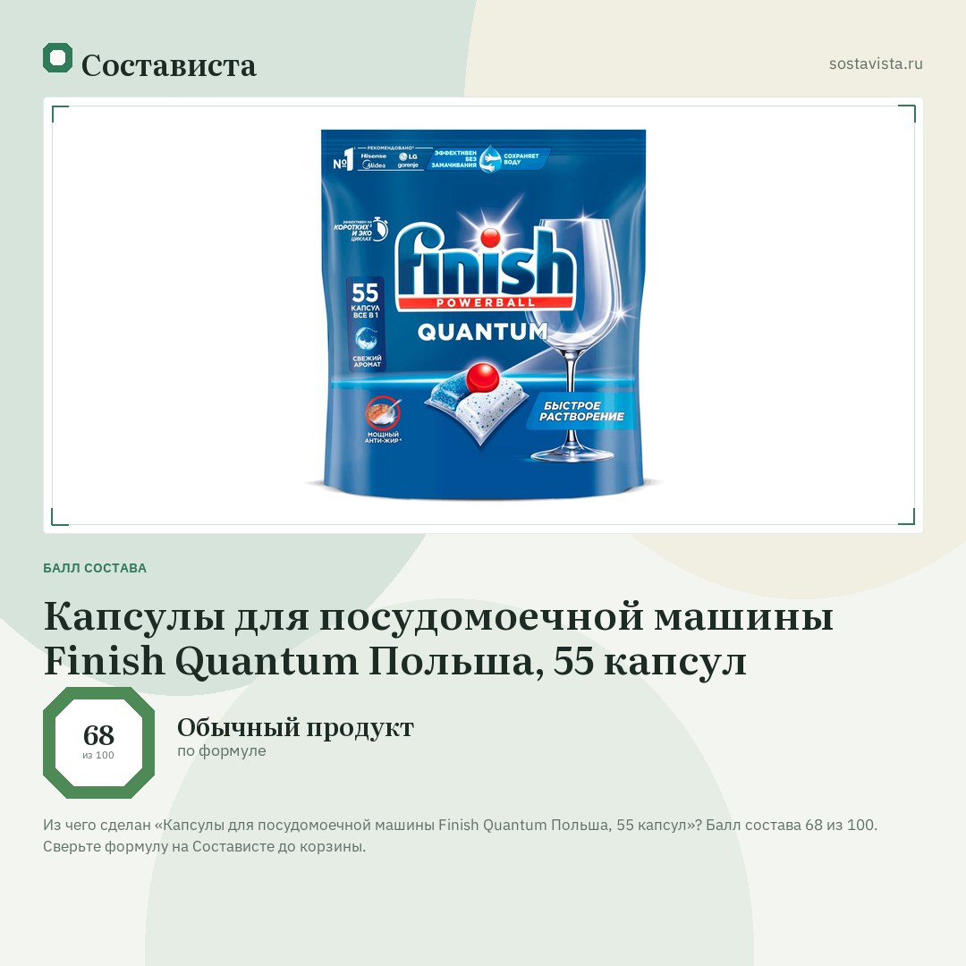 Капсулы для посудомоечной машины Finish Quantum Польша, 55 капсул: балл состава 68 из 100 — Состависта