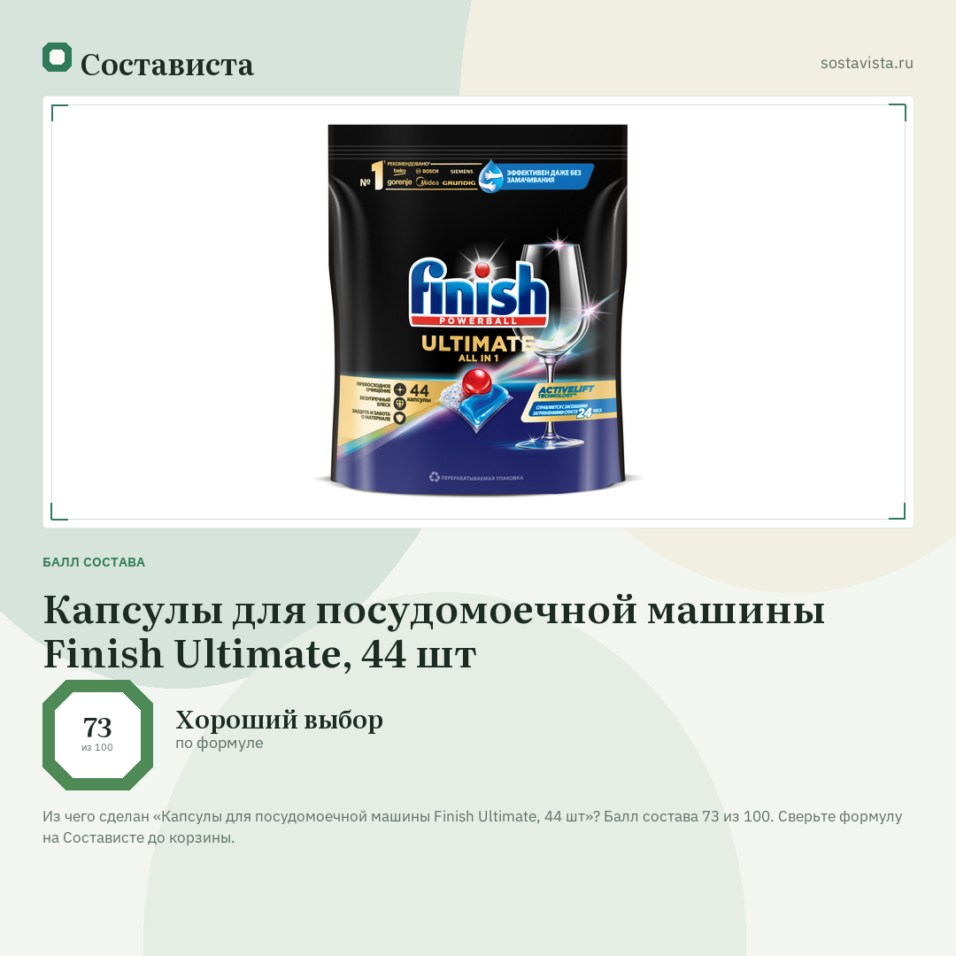 Капсулы для посудомоечной машины Finish Ultimate, 44 шт: балл состава 73 из 100 — Состависта