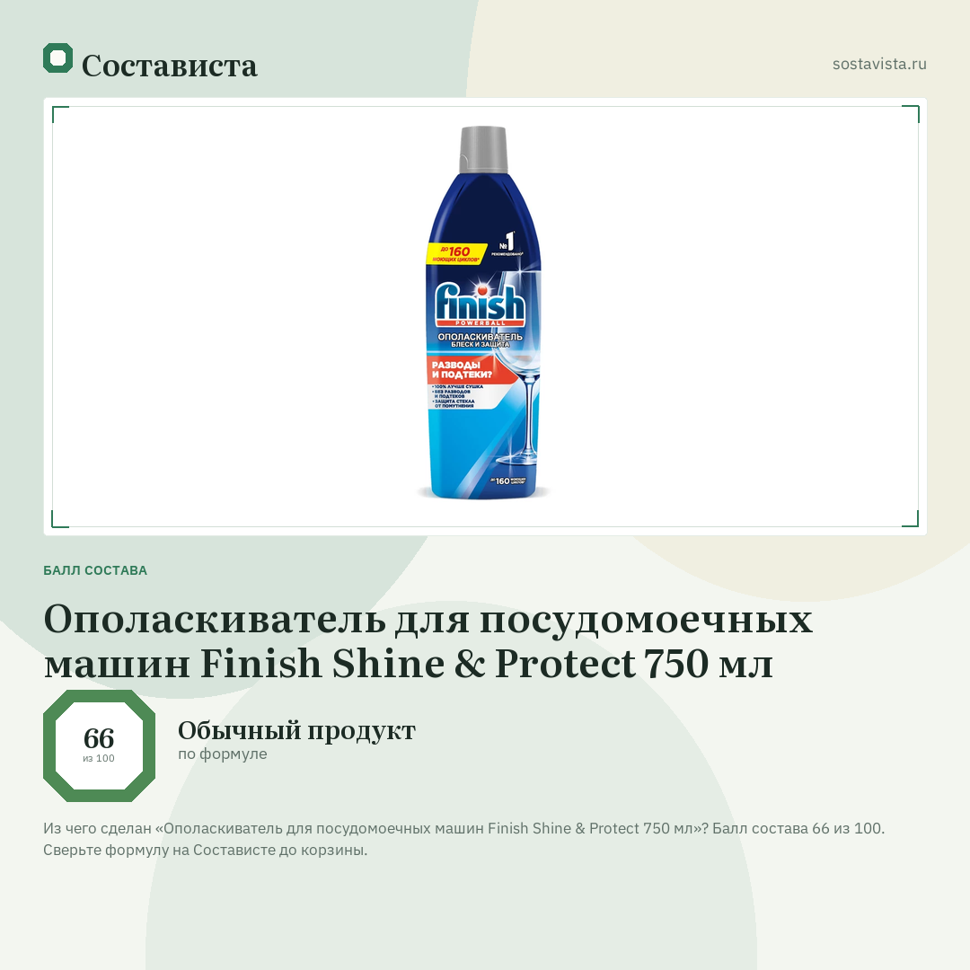 Ополаскиватель для посудомоечных машин Finish Shine & Protect 750 мл: балл состава 66 из 100 — Состависта