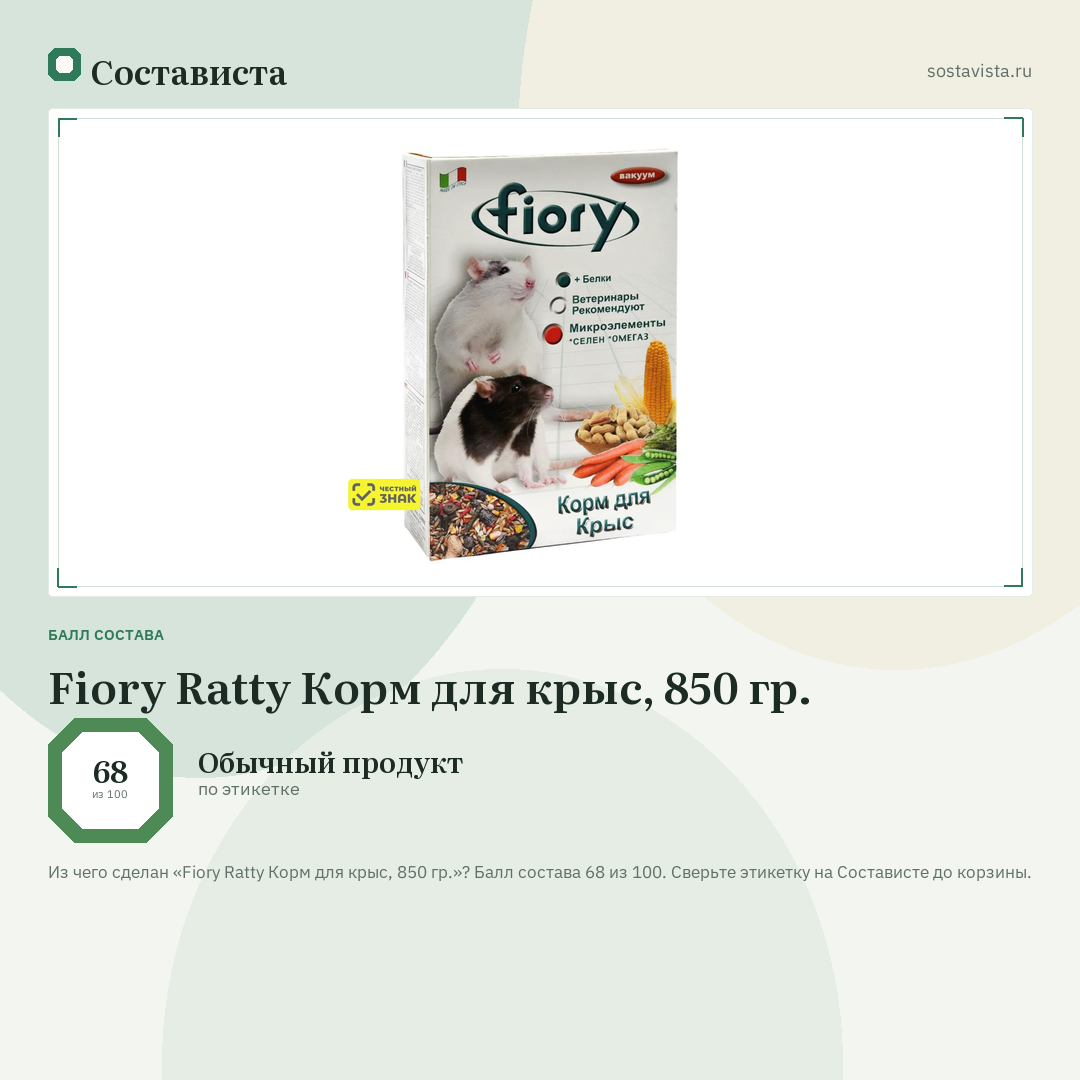 Fiory Ratty Корм для крыс, 850 гр.: балл состава 68 из 100 — Состависта