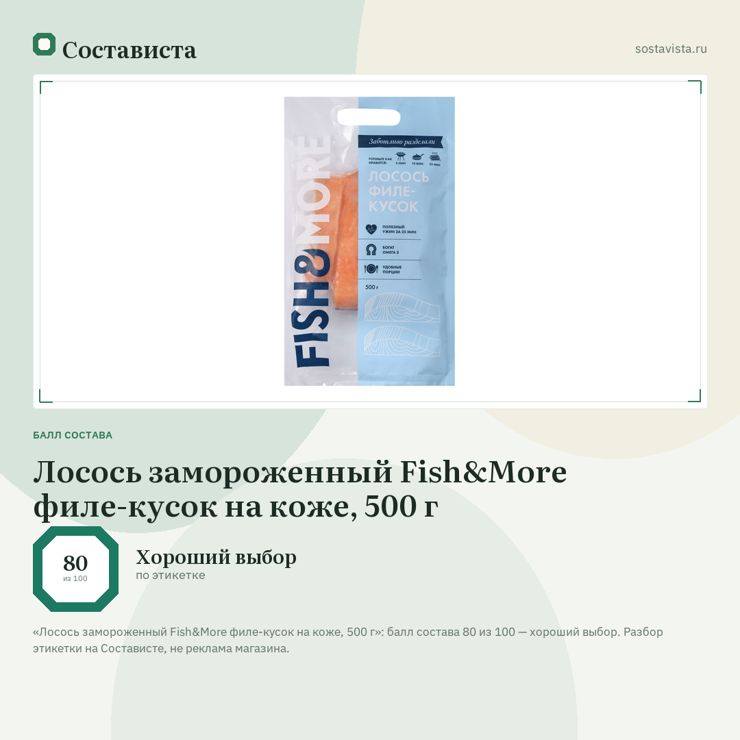 Лосось замороженный Fish&More филе-кусок на коже, 500 г: балл состава 80 из 100 — Состависта