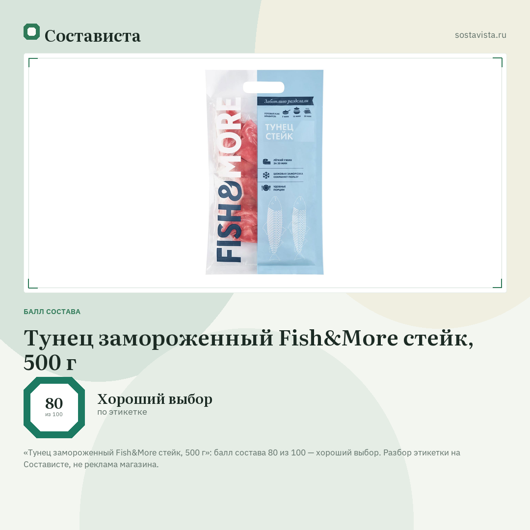 Тунец замороженный Fish&More стейк, 500 г: балл состава 80 из 100 — Состависта