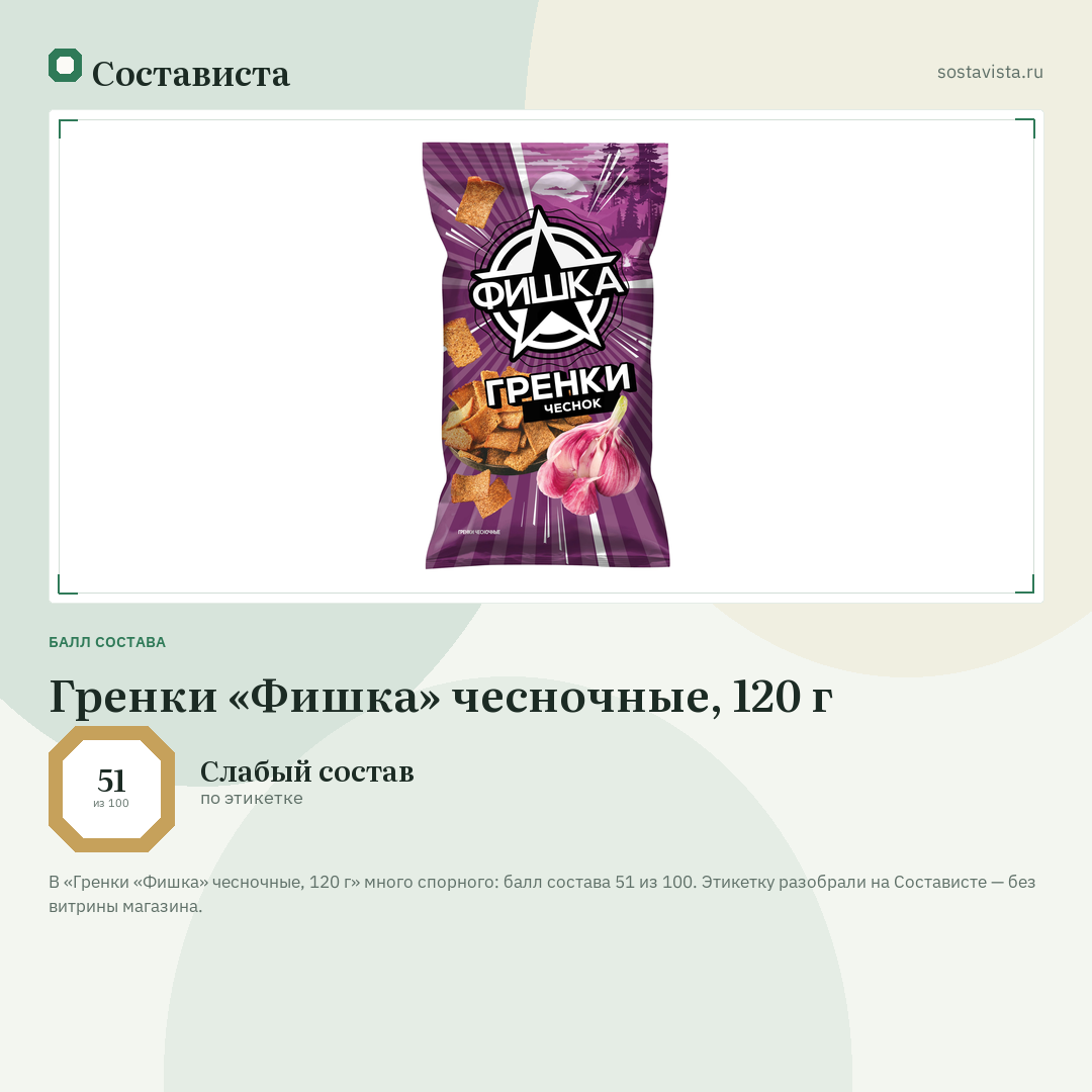 Гренки «Фишка» чесночные, 120 г: балл состава 51 из 100 — Состависта