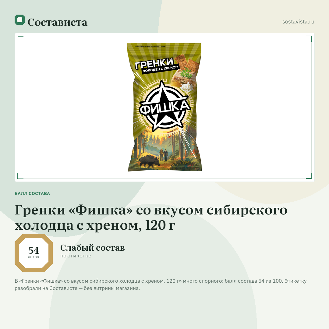 Гренки «Фишка» со вкусом сибирского холодца с хреном, 120 г: балл состава 54 из 100 — Состависта