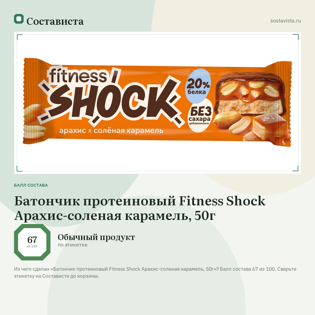 Батончик протеиновый Fitness Shock Арахис-соленая карамель, 50г: балл состава 67 из 100 — Состависта