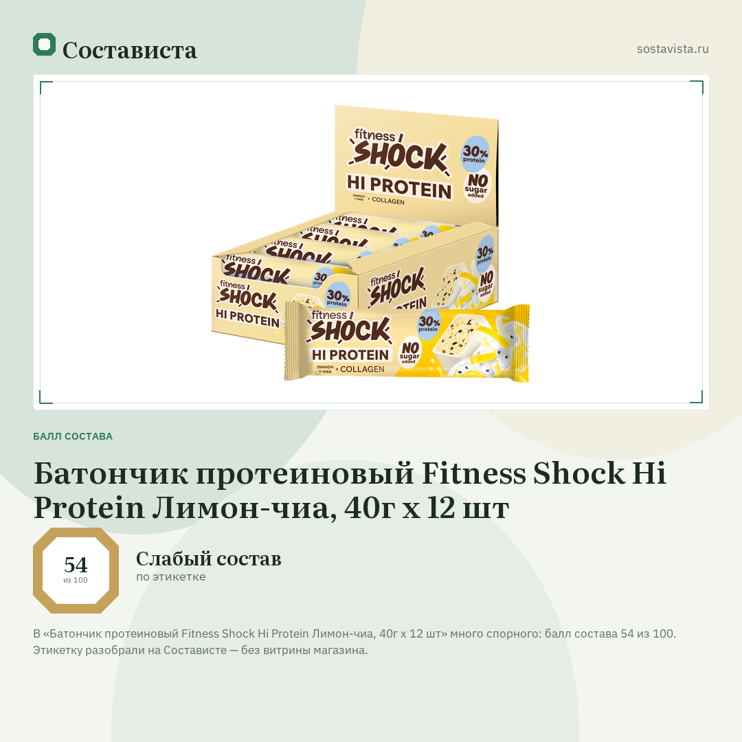 Батончик протеиновый Fitness Shock Hi Protein Лимон-чиа, 40г x 12 шт: балл состава 54 из 100 — Состависта