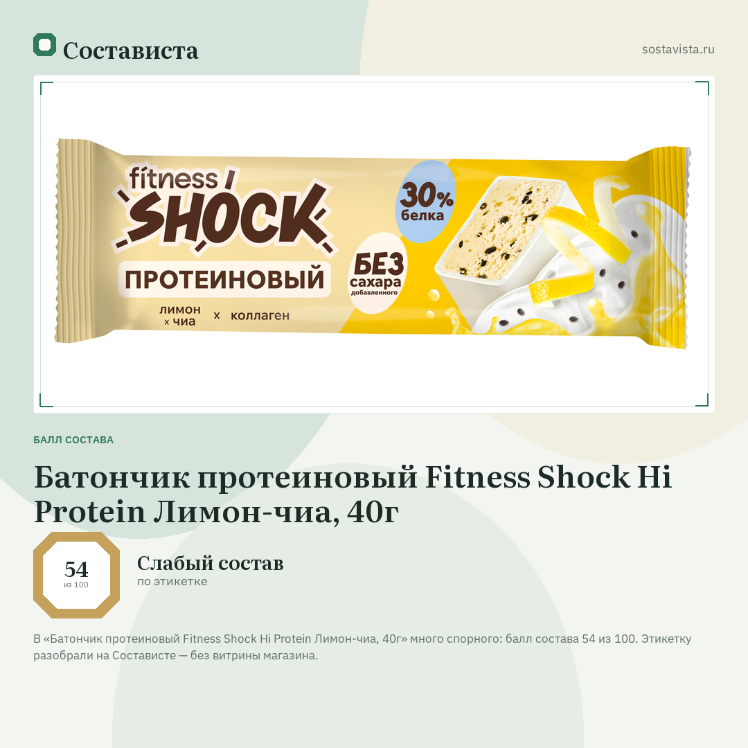 Батончик протеиновый Fitness Shock Hi Protein Лимон-чиа, 40г: балл состава 54 из 100 — Состависта