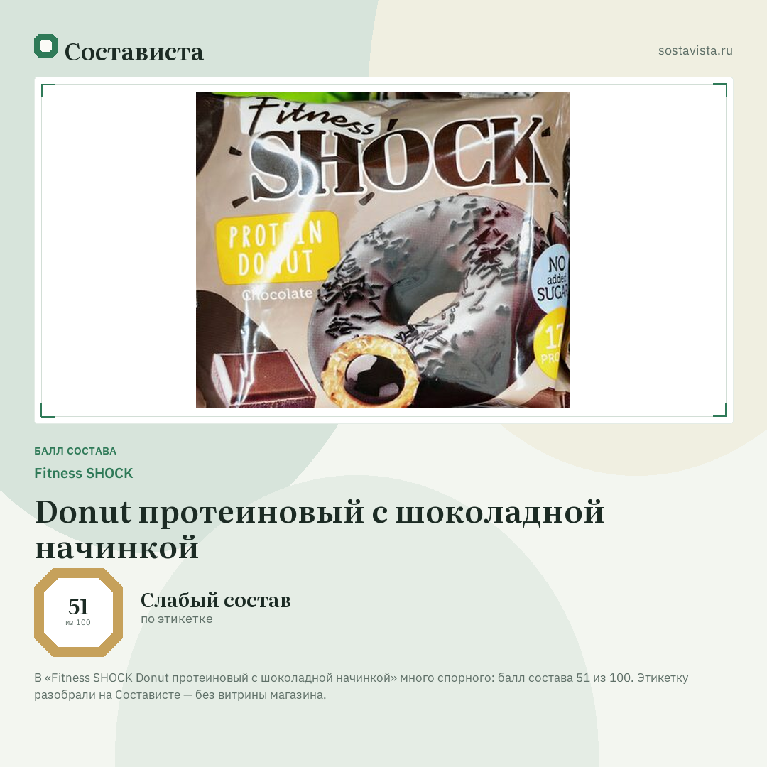 Fitness SHOCK Donut протеиновый с шоколадной начинкой: балл состава 51 из 100 — Состависта
