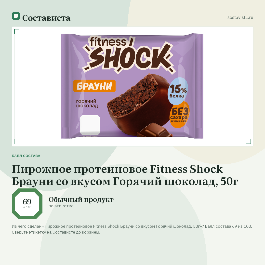 Пирожное протеиновое Fitness Shock Брауни со вкусом Горячий шоколад, 50г: балл состава 69 из 100 — Состависта