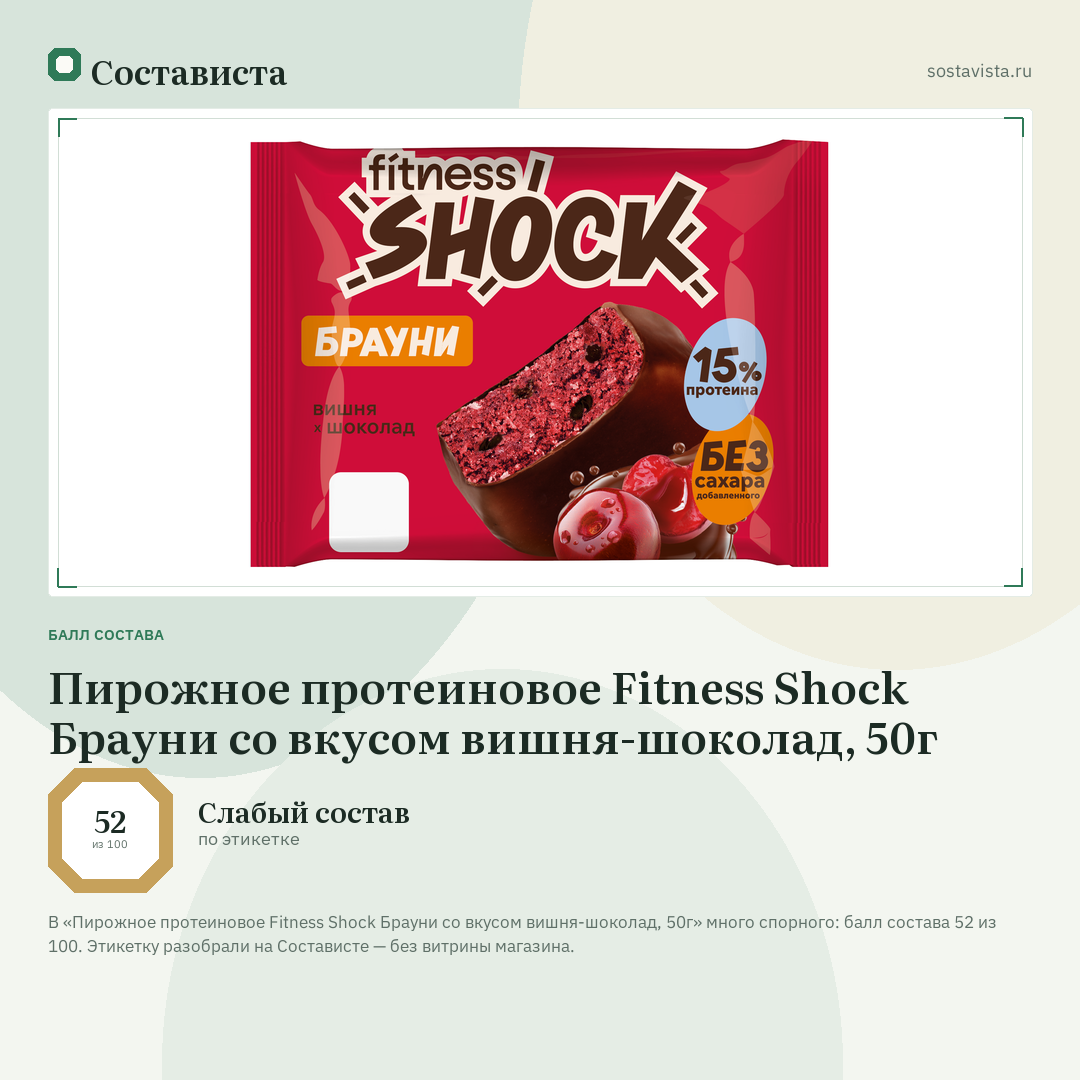 Пирожное протеиновое Fitness Shock Брауни со вкусом вишня-шоколад, 50г: балл состава 52 из 100 — Состависта