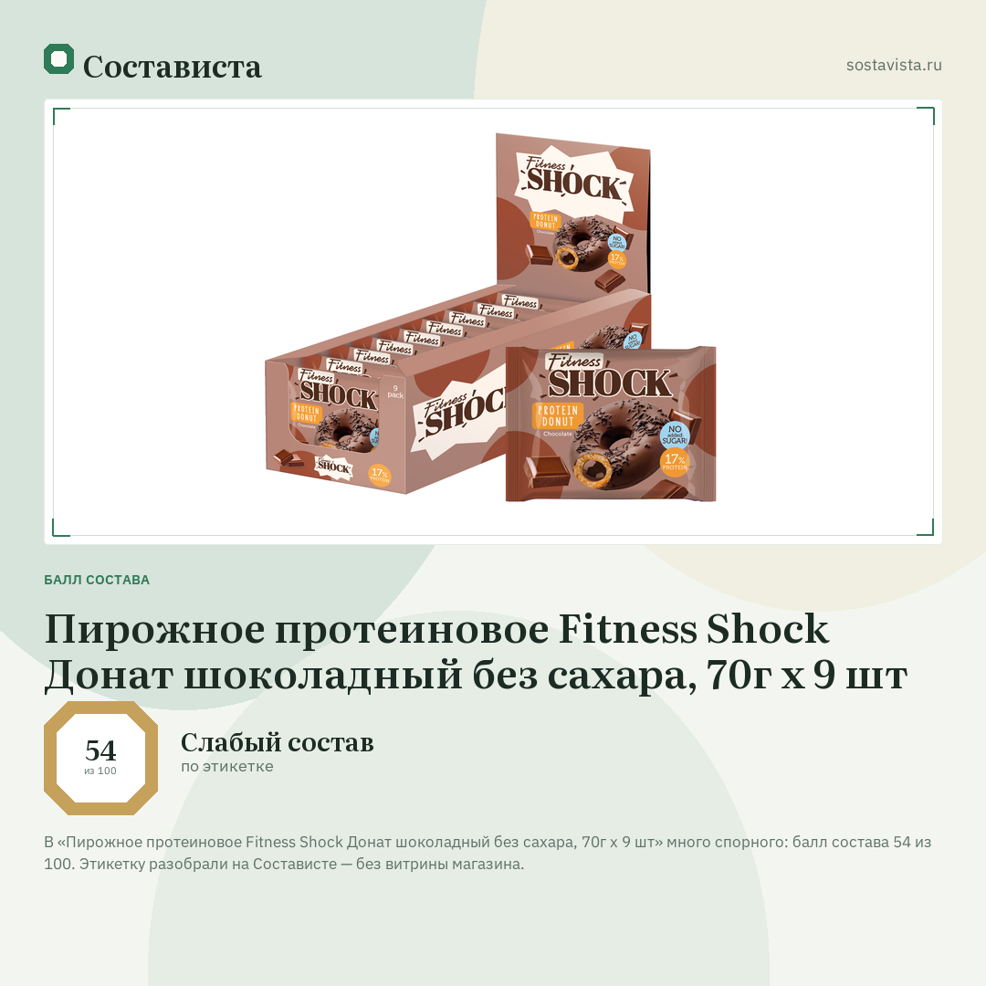 Пирожное протеиновое Fitness Shock Донат шоколадный без сахара, 70г x 9 шт: балл состава 54 из 100 — Состависта