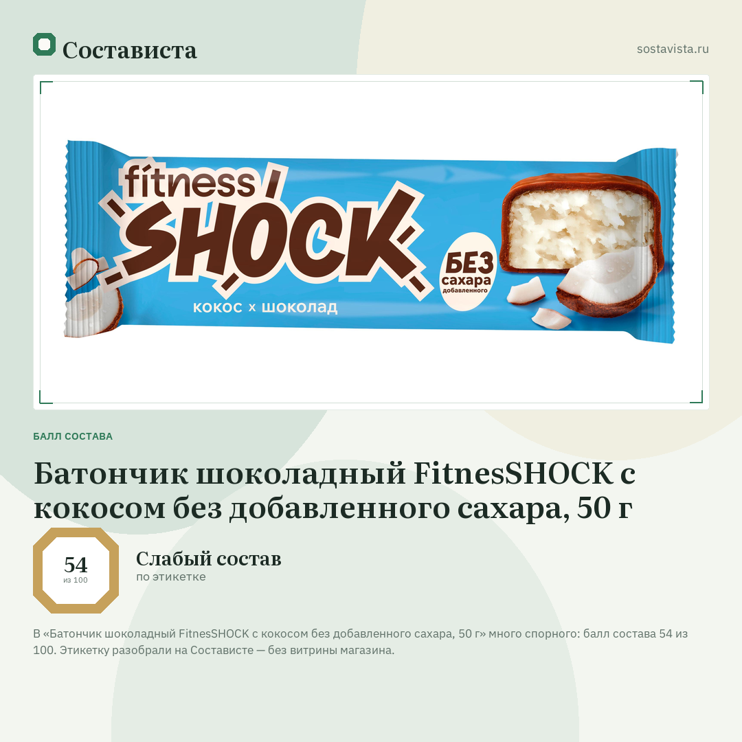 Батончик шоколадный FitnesSHOCK с кокосом без добавленного сахара, 50 г: балл состава 54 из 100 — Состависта