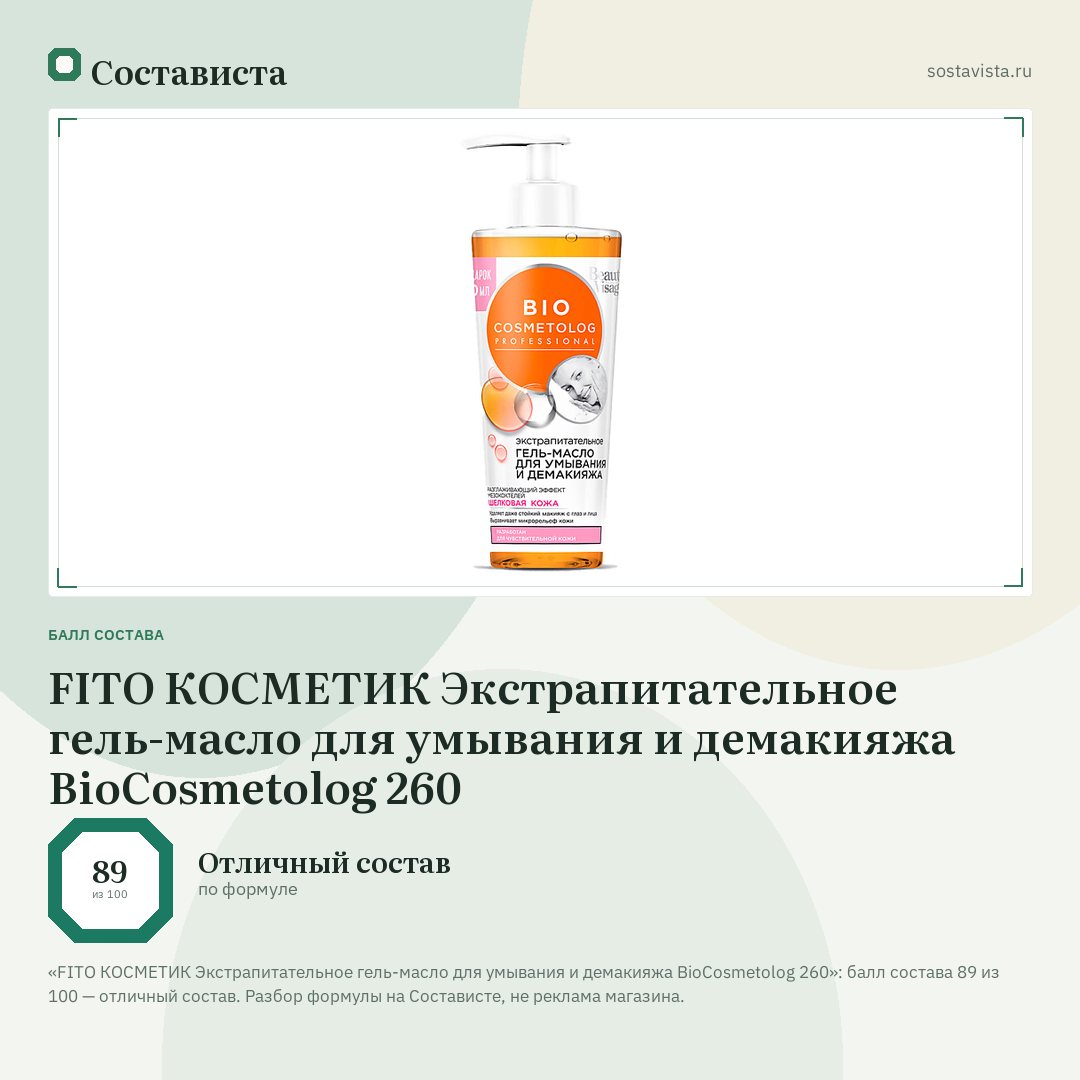 FITO КОСМЕТИК Экстрапитательное гель-масло для умывания и демакияжа BioCosmetolog 260: балл состава 89 из 100 — Состависта