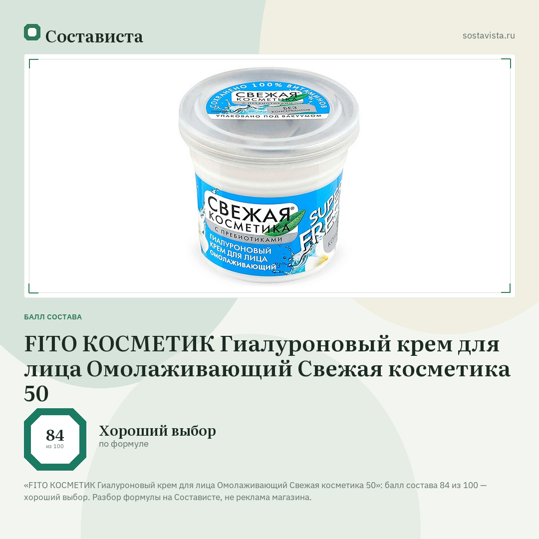 FITO КОСМЕТИК Гиалуроновый крем для лица Омолаживающий Свежая косметика 50: балл состава 84 из 100 — Состависта